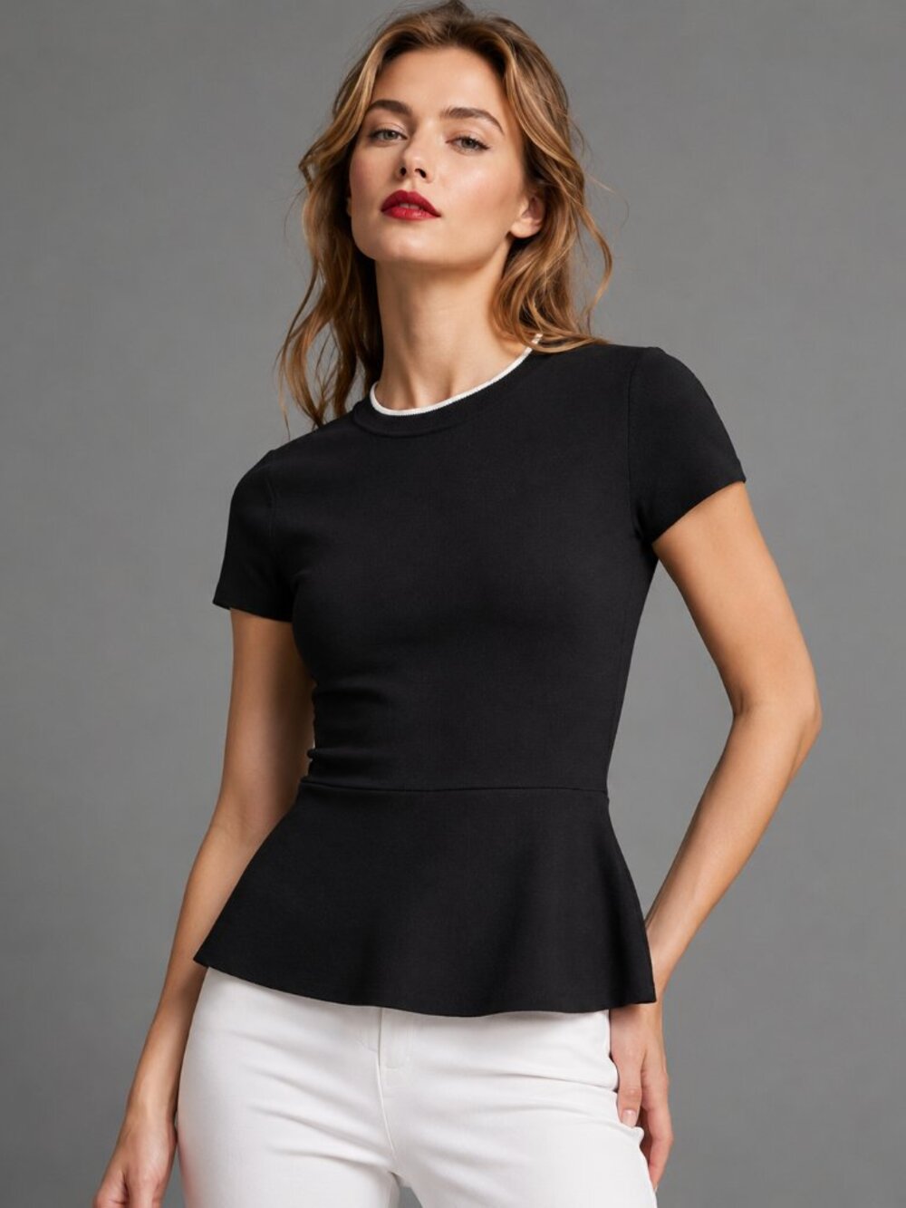 Black Knit Peplum Top White Trim Size M